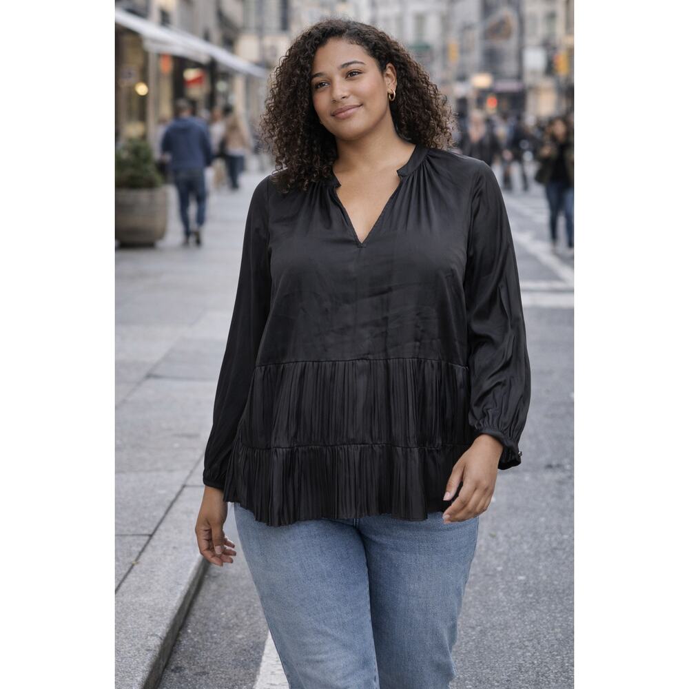 NWT Current Air Black V-neck Long Balloon Sleeve Pleated Blouse Women's S